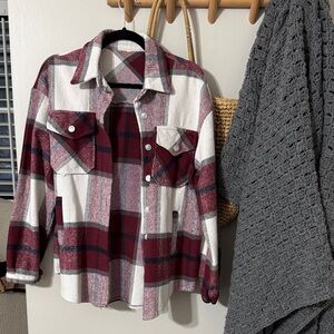 Plaid Burgundy/Red Button-Up Shirt Jacket Shacket